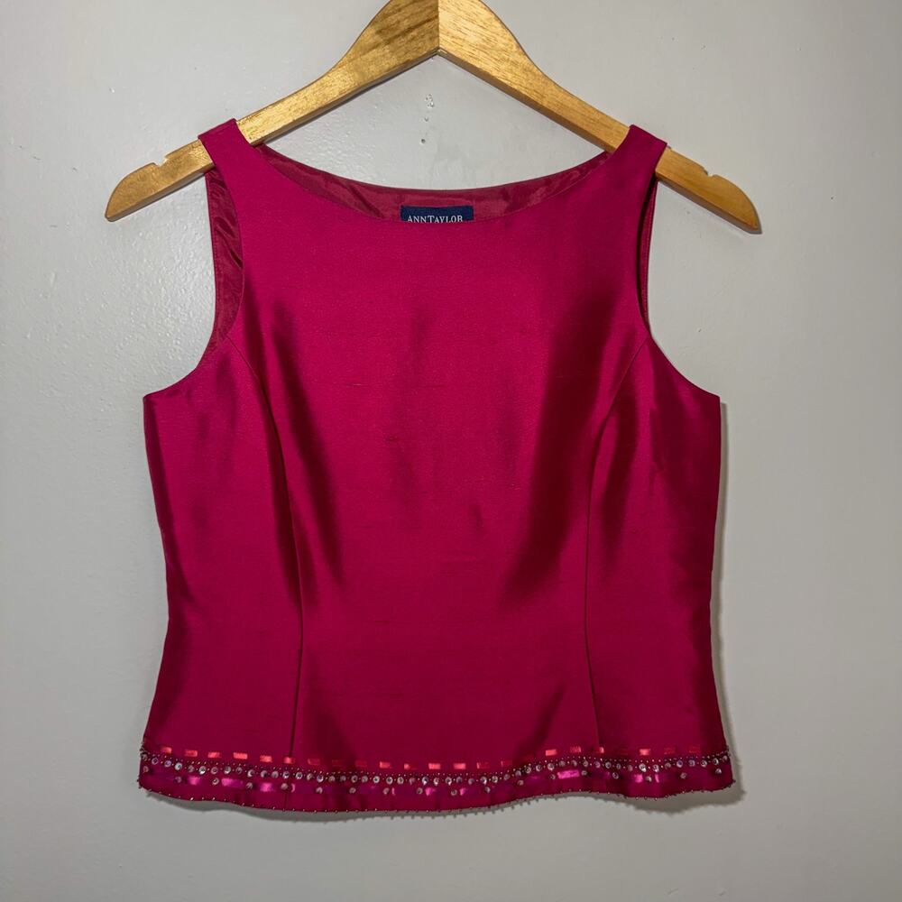 Vintage Ann Taylor Petite 100% Silk Beaded Fuchsia Pink Sleeveless Shell Top